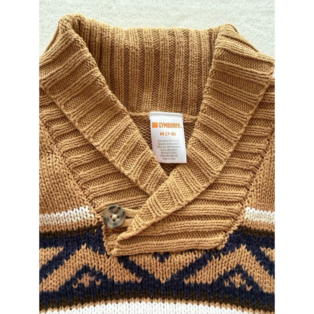 Gymboree Boys Bear Aztec Shawl Collar Sweater Tan Winter Pullover Size 7/8